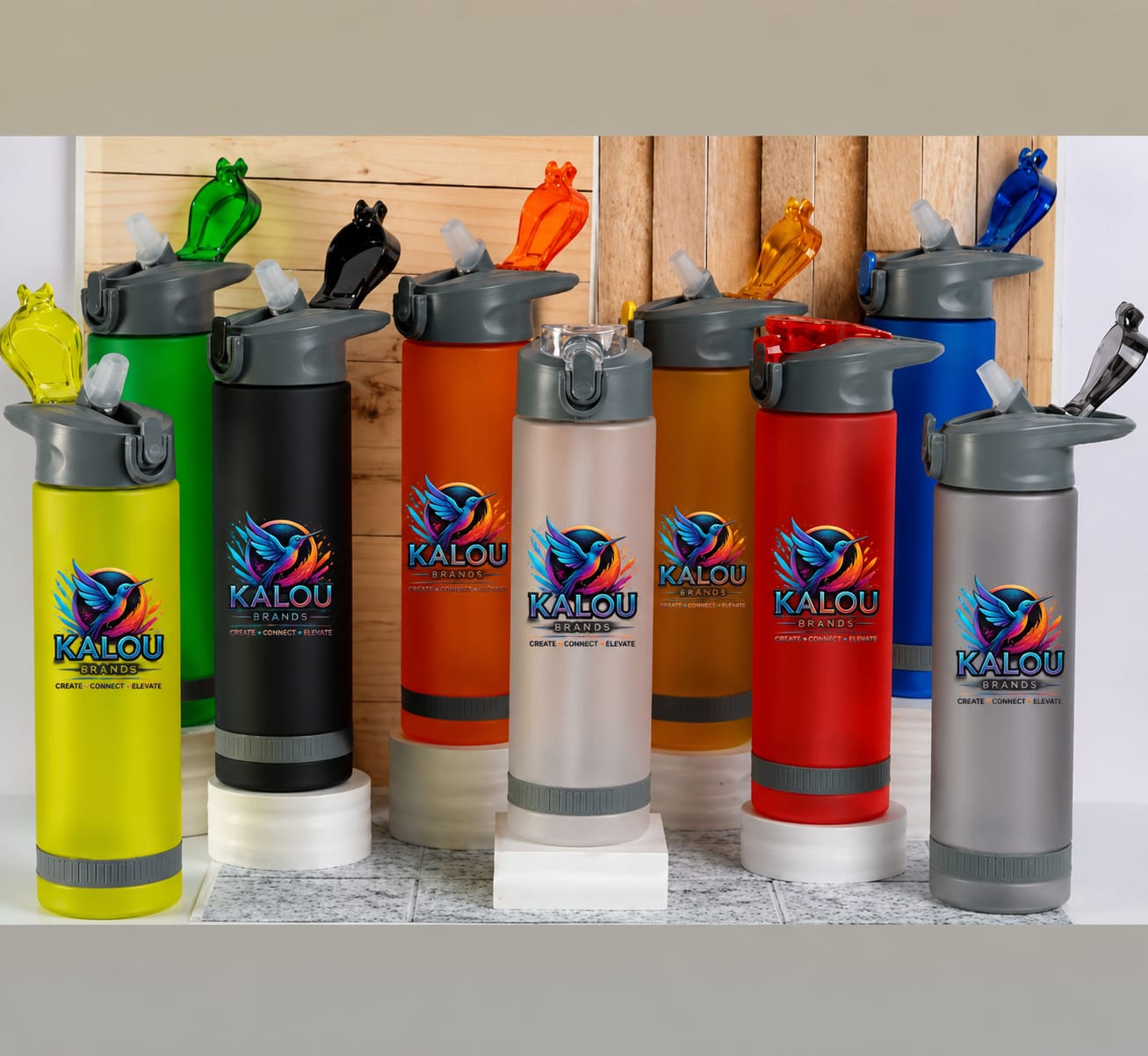 Water bottles in nine colors
