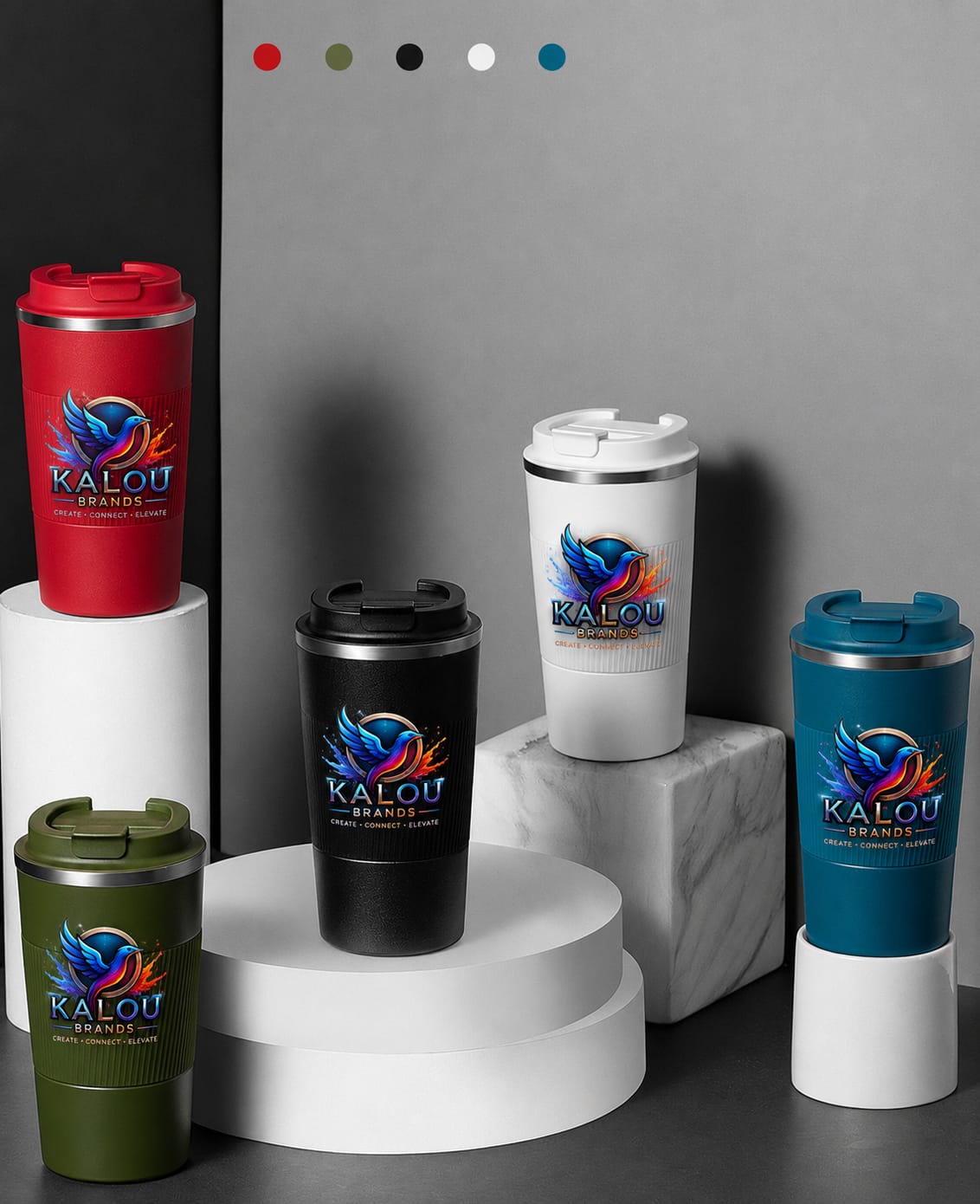 Travel mugs in five colors